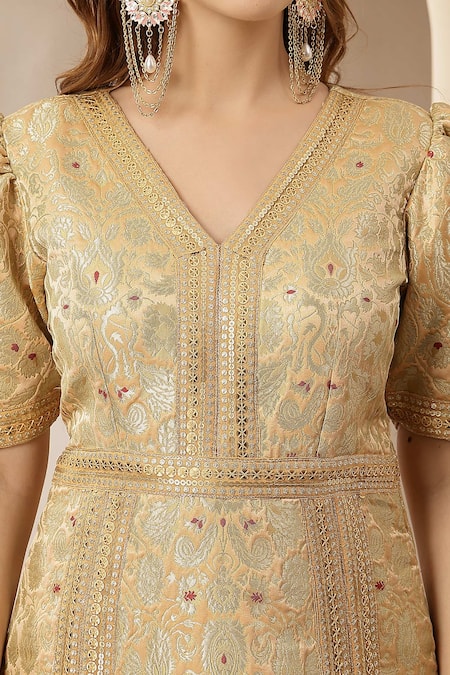 Soniya G_Gold Brocade, Silk, Chanderi Zari, Sequins, Zar-e-nazneen Kurta With Pant _at_Aza_Fashions
