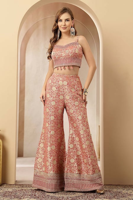 Soniya G_Rose Gold Jacquard, Silk Zari, Gulnaar Brocade Motif Jacket Palazzo Set _Online_at_Aza_Fashions
