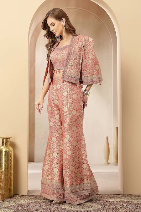 Buy_Soniya G_Rose Gold Jacquard, Silk Zari, Gulnaar Brocade Motif Jacket Palazzo Set _Online_at_Aza_Fashions