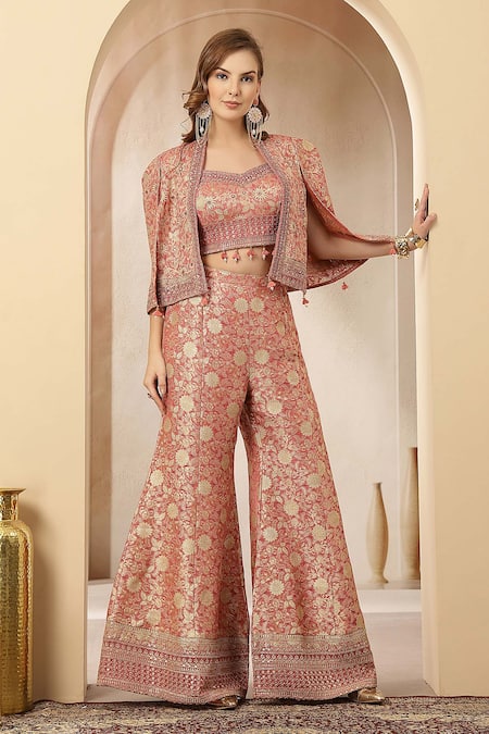 Shop_Soniya G_Rose Gold Jacquard, Silk Zari, Gulnaar Brocade Motif Jacket Palazzo Set _Online_at_Aza_Fashions