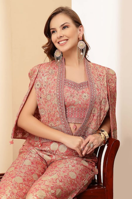 Soniya G_Rose Gold Jacquard, Silk Zari, Gulnaar Brocade Motif Jacket Palazzo Set _at_Aza_Fashions