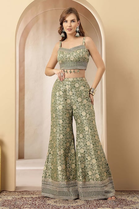 Soniya G_Green Jacquard, Silk Embroidery, Zari, Zarreen Brocade Jacket Palazzo Set _Online_at_Aza_Fashions