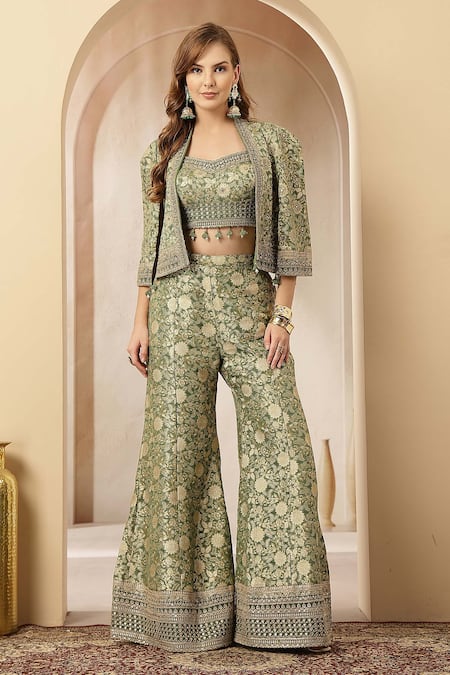 Buy_Soniya G_Green Jacquard, Silk Embroidery, Zari, Zarreen Brocade Jacket Palazzo Set _Online_at_Aza_Fashions