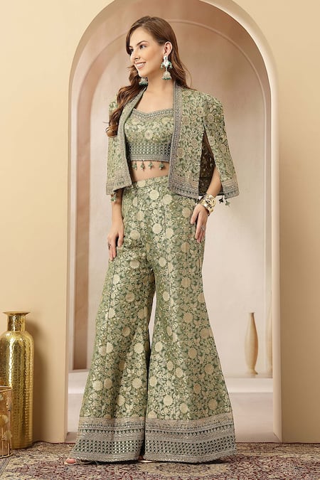 Shop_Soniya G_Green Jacquard, Silk Embroidery, Zari, Zarreen Brocade Jacket Palazzo Set _Online_at_Aza_Fashions