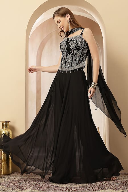 Soniya G_Black Velvet, Georgette Sequins, Beads, Noor-e-siyah Blouse And Palazzo Set _Online_at_Aza_Fashions