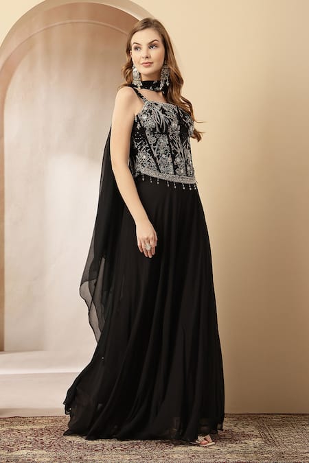 Buy_Soniya G_Black Velvet, Georgette Sequins, Beads, Noor-e-siyah Blouse And Palazzo Set _Online_at_Aza_Fashions