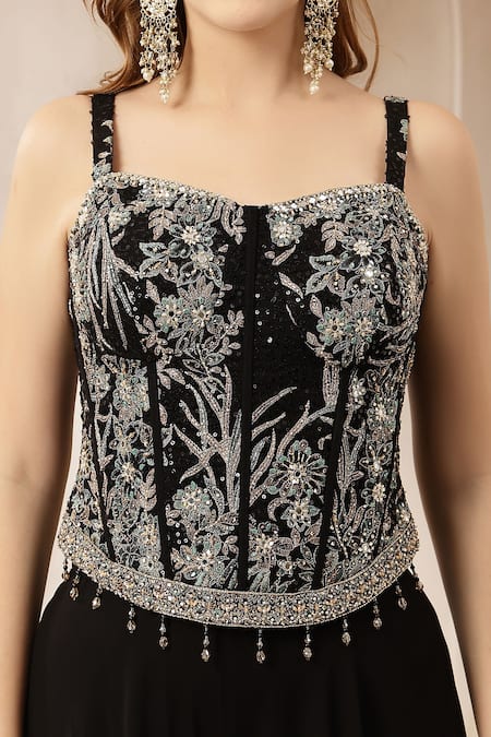 Buy_Soniya G_Black Velvet, Georgette Sequins, Beads, Noor-e-siyah Blouse And Palazzo Set 