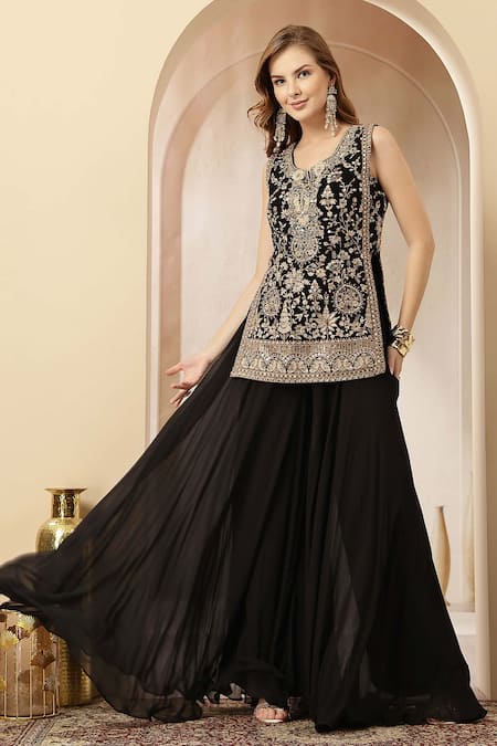 Soniya G_Black Velvet, Georgette Embroidery, Sequins, Beads, Zari Kaara And Kurta Set _Online_at_Aza_Fashions
