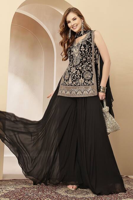 Buy_Soniya G_Black Velvet, Georgette Embroidery, Sequins, Beads, Zari Kaara And Kurta Set _Online_at_Aza_Fashions