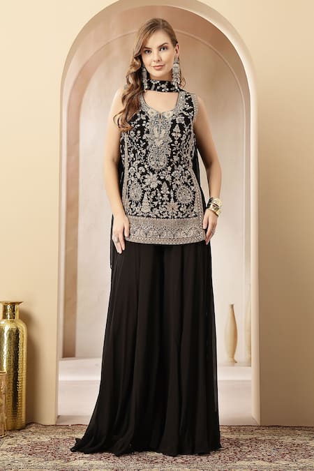 Shop_Soniya G_Black Velvet, Georgette Embroidery, Sequins, Beads, Zari Kaara And Kurta Set _Online_at_Aza_Fashions