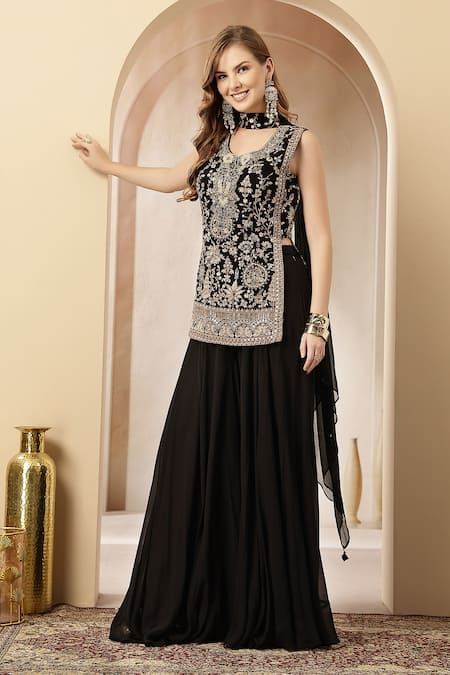 Soniya G_Black Velvet, Georgette Embroidery, Sequins, Beads, Zari Kaara And Kurta Set _at_Aza_Fashions
