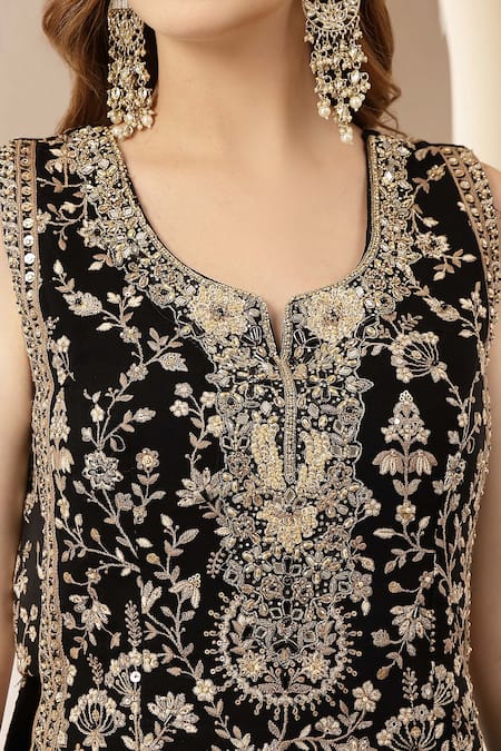 Shop_Soniya G_Black Velvet, Georgette Embroidery, Sequins, Beads, Zari Kaara And Kurta Set 