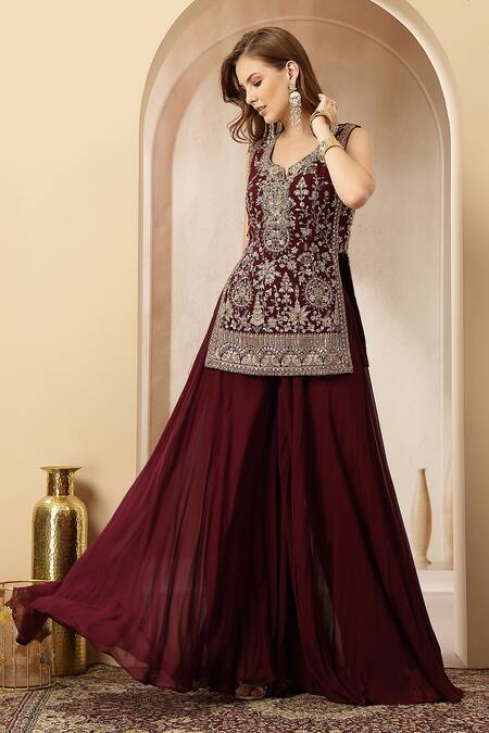 Buy_Soniya G_Maroon Velvet, Georgette Embroidery, Sequins, Zari Ruhani Resham Kurta Set _Online_at_Aza_Fashions