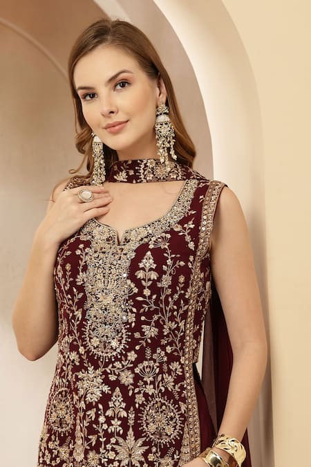 Shop_Soniya G_Maroon Velvet, Georgette Embroidery, Sequins, Zari Ruhani Resham Kurta Set _Online_at_Aza_Fashions
