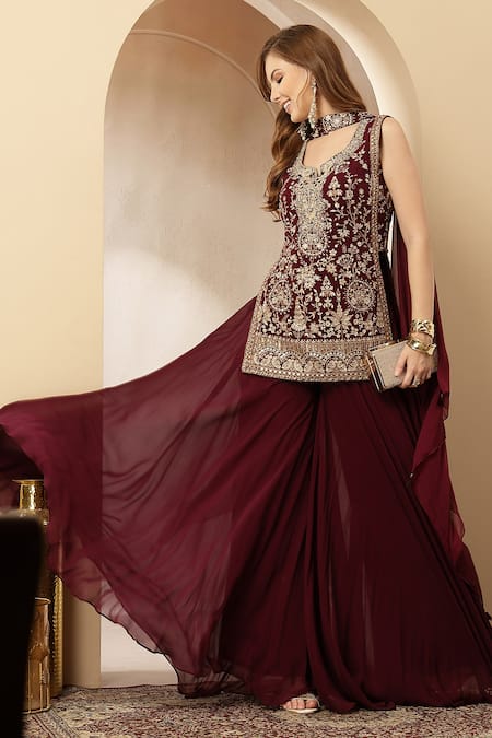 Soniya G_Maroon Velvet, Georgette Embroidery, Sequins, Zari Ruhani Resham Kurta Set _at_Aza_Fashions
