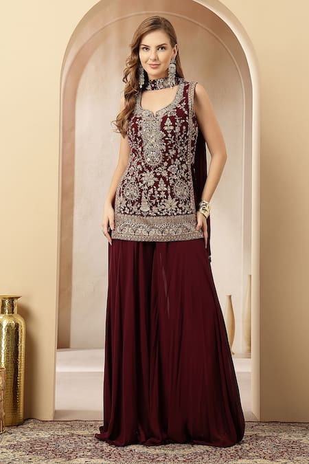 Buy_Soniya G_Maroon Velvet, Georgette Embroidery, Sequins, Zari Ruhani Resham Kurta Set 