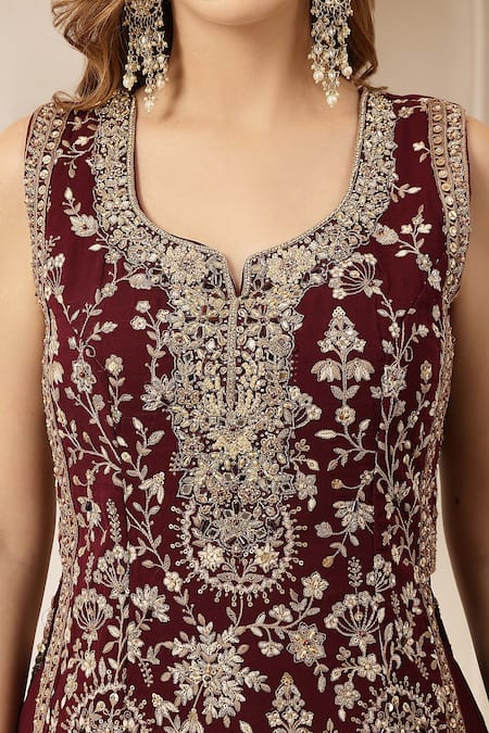 Shop_Soniya G_Maroon Velvet, Georgette Embroidery, Sequins, Zari Ruhani Resham Kurta Set 