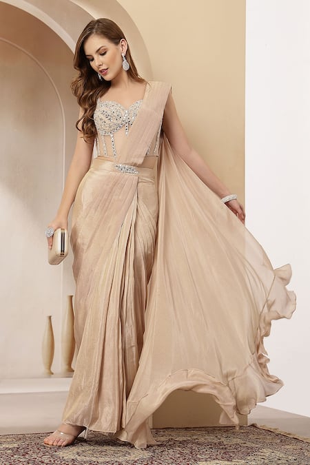 Shop_Soniya G_Beige Tissue, Net Sequins, Suroor Embellished Corset With Pre-draped Saree _Online_at_Aza_Fashions