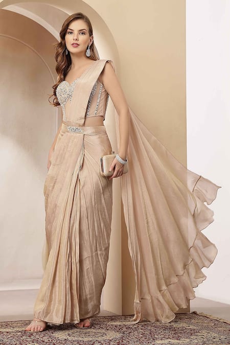 Soniya G_Beige Tissue, Net Sequins, Suroor Embellished Corset With Pre-draped Saree _at_Aza_Fashions