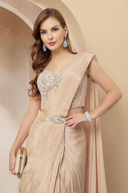 Buy_Soniya G_Beige Tissue, Net Sequins, Suroor Embellished Corset With Pre-draped Saree 