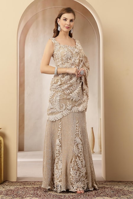 Soniya G_Gold Net Sequins, Embroidery, Stones Noor Pre-draped Saree With Blouse _Online_at_Aza_Fashions