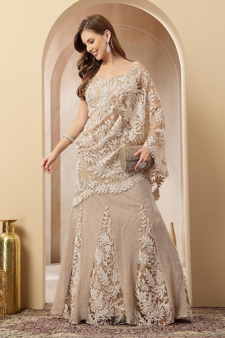 Soniya G_Gold Net Sequins, Embroidery, Stones Noor Pre-draped Saree With Blouse _at_Aza_Fashions