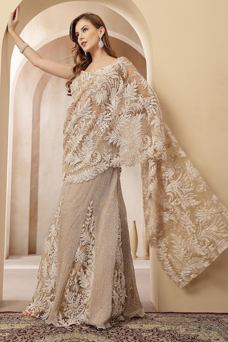 Buy_Soniya G_Gold Net Sequins, Embroidery, Stones Noor Pre-draped Saree With Blouse 