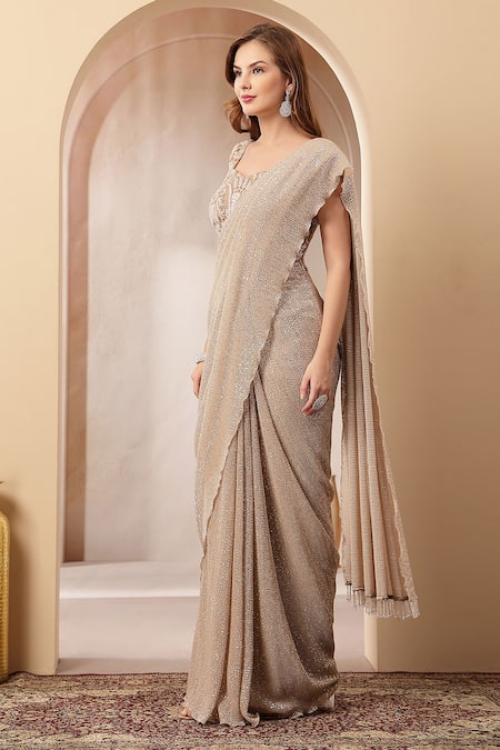 Shop_Soniya G_Beige Tissue, Net Sequins, Beads, Afroza Pre-draped Saree With Blouse _Online_at_Aza_Fashions