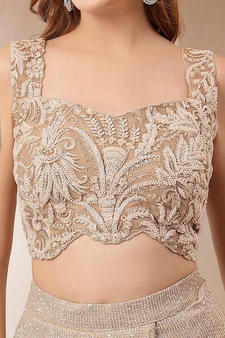 Buy_Soniya G_Beige Tissue, Net Sequins, Beads, Afroza Pre-draped Saree With Blouse 