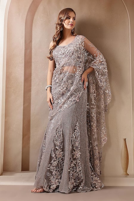 Buy_Soniya G_Silver Net Sequins, Beads, Embroidery Noor-e-falak Pre-draped Saree With Blouse _Online_at_Aza_Fashions