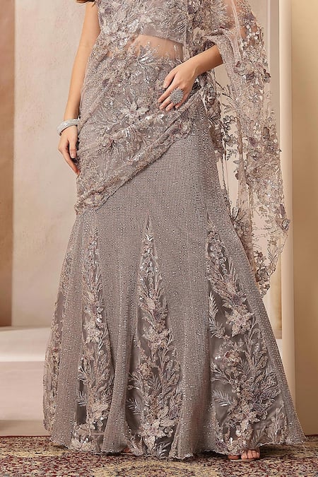Buy_Soniya G_Silver Net Sequins, Beads, Embroidery Noor-e-falak Pre-draped Saree With Blouse 