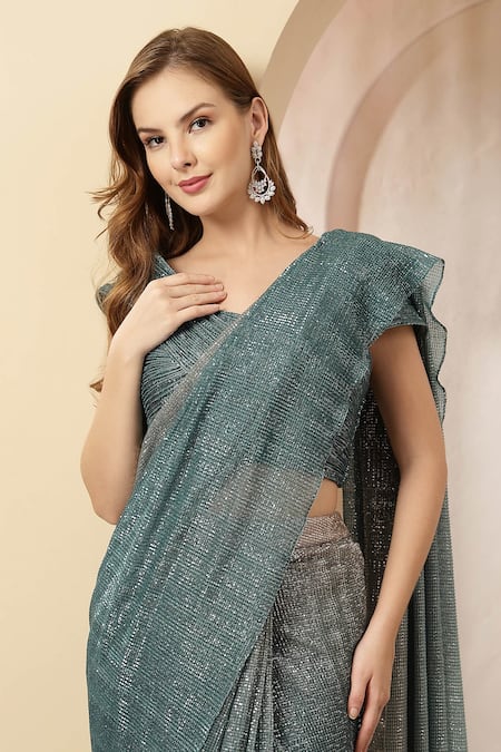 Soniya G_Teal Net Sequins, Sitara Shimmer Georgette Pre-draped Saree With Blouse _Online_at_Aza_Fashions