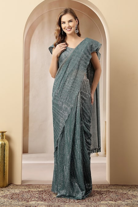 Buy_Soniya G_Teal Net Sequins, Sitara Shimmer Georgette Pre-draped Saree With Blouse _Online_at_Aza_Fashions