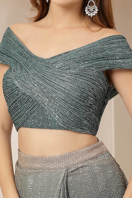 Shop_Soniya G_Teal Net Sequins, Sitara Shimmer Georgette Pre-draped Saree With Blouse _Online_at_Aza_Fashions