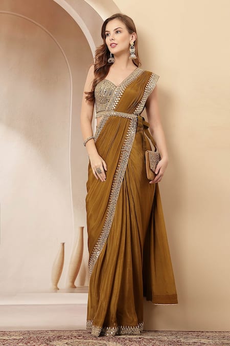 Soniya G_Gold Satin, Tissue Beads, Sequins, Mirrors, Sunehri Pre-draped Saree With Blouse _Online_at_Aza_Fashions