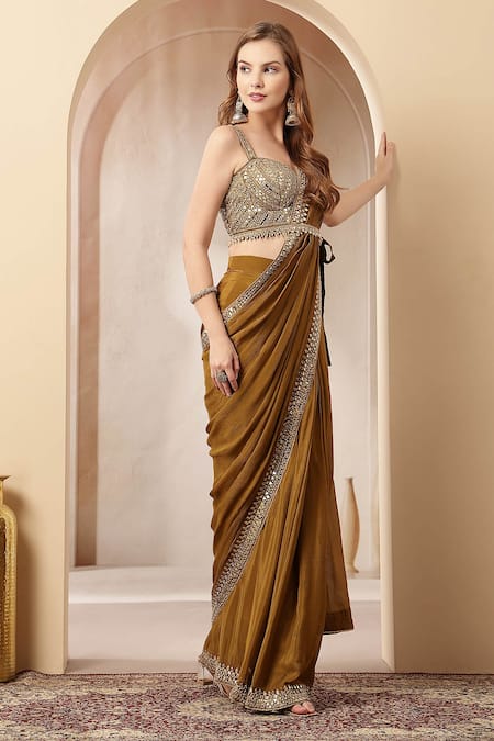 Buy_Soniya G_Gold Satin, Tissue Beads, Sequins, Mirrors, Sunehri Pre-draped Saree With Blouse _Online_at_Aza_Fashions