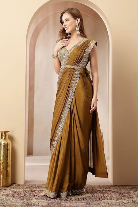 Shop_Soniya G_Gold Satin, Tissue Beads, Sequins, Mirrors, Sunehri Pre-draped Saree With Blouse _Online_at_Aza_Fashions