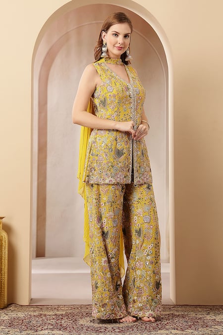 Soniya G_Mustard Georgette, Chiffon Zari, Sequins, Gulbahar Kurta Sharara Set _Online_at_Aza_Fashions