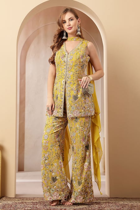 Shop_Soniya G_Mustard Georgette, Chiffon Zari, Sequins, Gulbahar Kurta Sharara Set _Online_at_Aza_Fashions