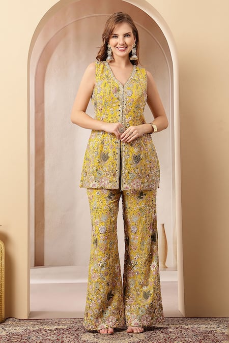 Soniya G_Mustard Georgette, Chiffon Zari, Sequins, Gulbahar Kurta Sharara Set _at_Aza_Fashions