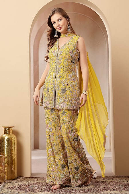 Buy_Soniya G_Mustard Georgette, Chiffon Zari, Sequins, Gulbahar Kurta Sharara Set 