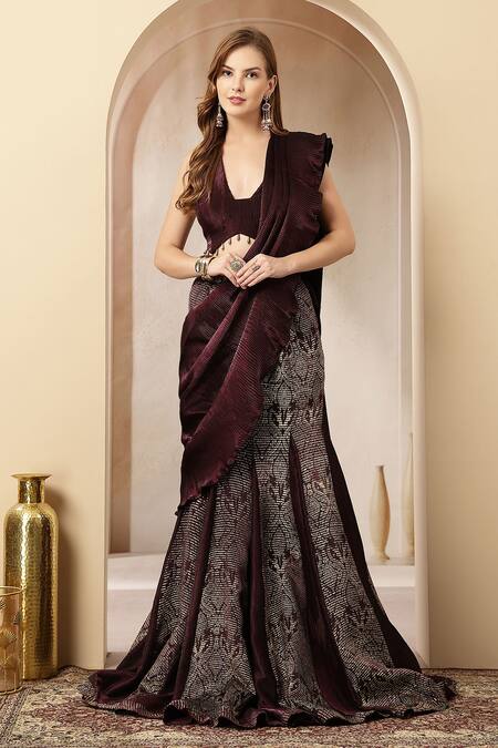 Soniya G_Wine Satin Sequins, Foil Printing, Gul-e-sham Pre-draped Saree And Blouse Set _at_Aza_Fashions