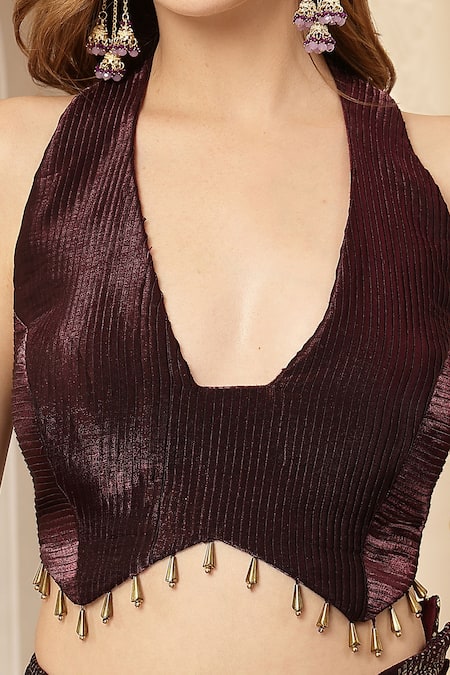 Shop_Soniya G_Wine Satin Sequins, Foil Printing, Gul-e-sham Pre-draped Saree And Blouse Set 