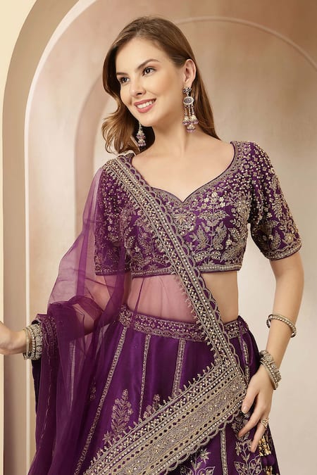 Soniya G_Purple Silk, Net Zari, Sequins, Embroidery, Pearls, Noor-e-banaras Lehenga Set _Online_at_Aza_Fashions