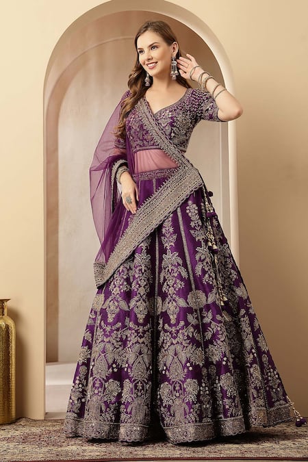 Buy_Soniya G_Purple Silk, Net Zari, Sequins, Embroidery, Pearls, Noor-e-banaras Lehenga Set _Online_at_Aza_Fashions