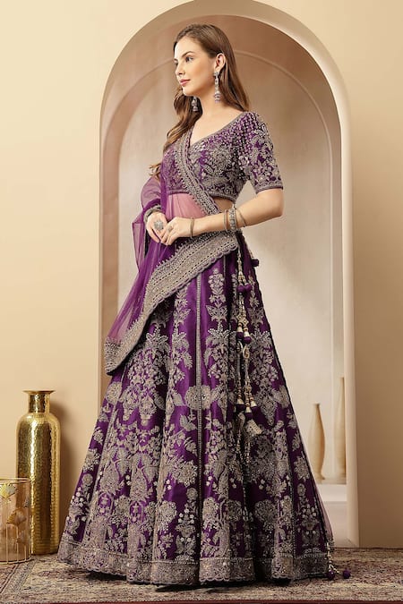 Shop_Soniya G_Purple Silk, Net Zari, Sequins, Embroidery, Pearls, Noor-e-banaras Lehenga Set _Online_at_Aza_Fashions