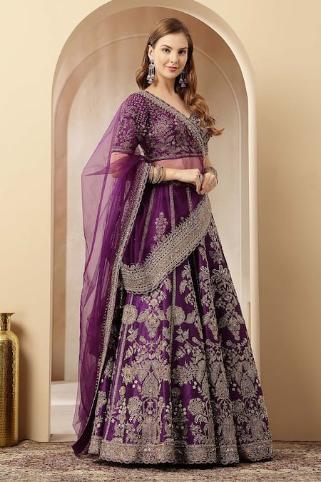 Soniya G_Purple Silk, Net Zari, Sequins, Embroidery, Pearls, Noor-e-banaras Lehenga Set _at_Aza_Fashions