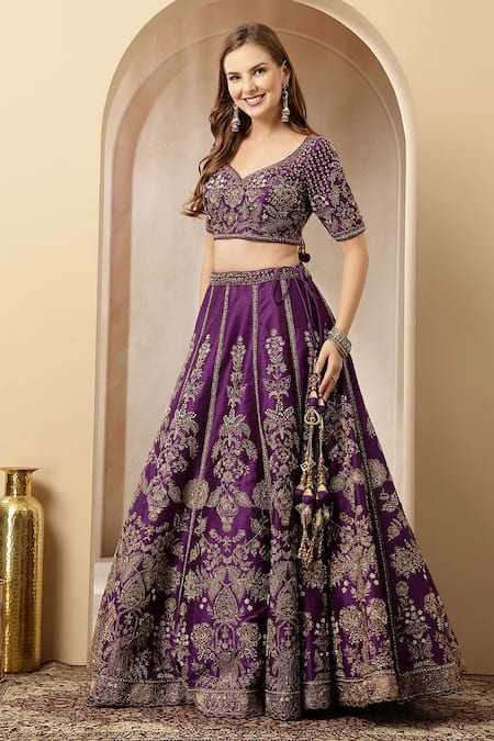 Shop_Soniya G_Purple Silk, Net Zari, Sequins, Embroidery, Pearls, Noor-e-banaras Lehenga Set 