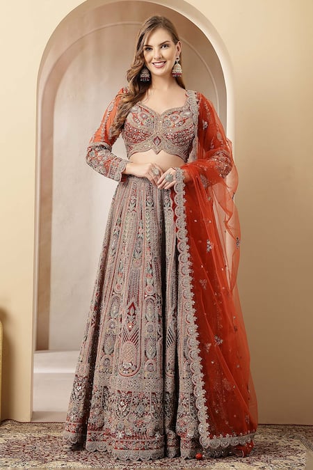 Soniya G_Orange Silk, Net Zari, Embroidery, Mirrors, Sequins Surkh Nazakat Lehenga Set _Online_at_Aza_Fashions