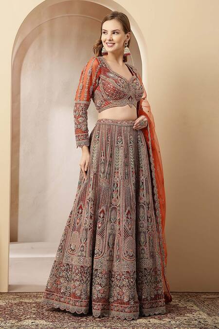 Buy_Soniya G_Orange Silk, Net Zari, Embroidery, Mirrors, Sequins Surkh Nazakat Lehenga Set _Online_at_Aza_Fashions